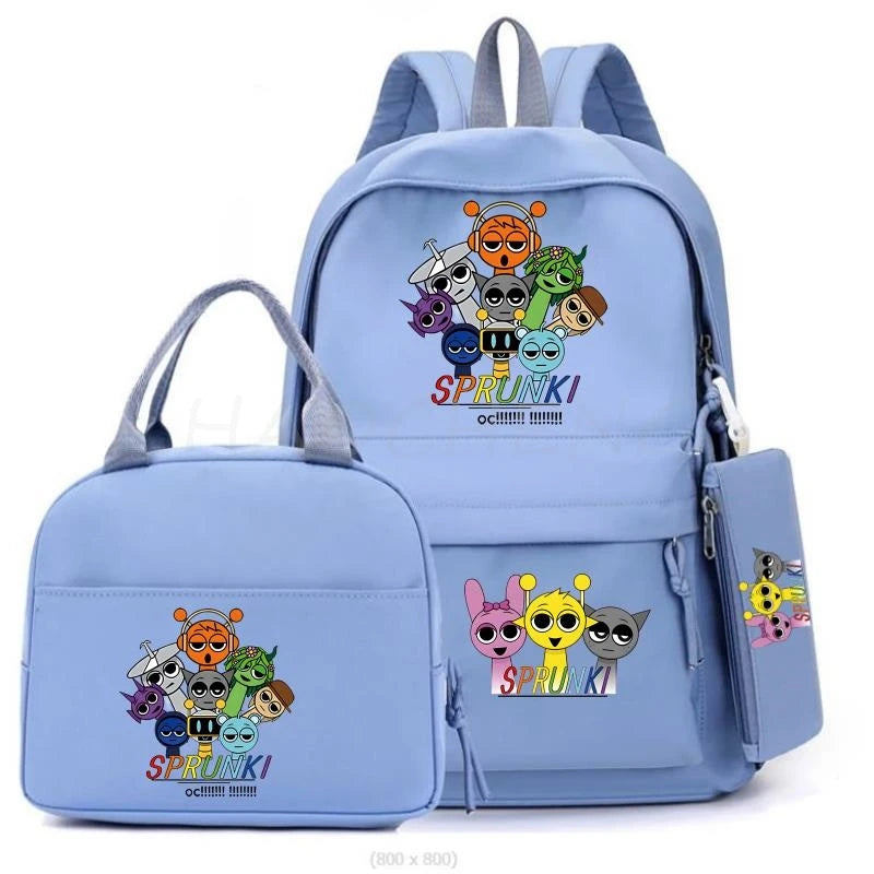 New Sprunki 3Pcs/set Student Boy Girl Schoolbag Colorful Backpack Children Teenager Cartoon School Bookbag with Lunch Bag Gift