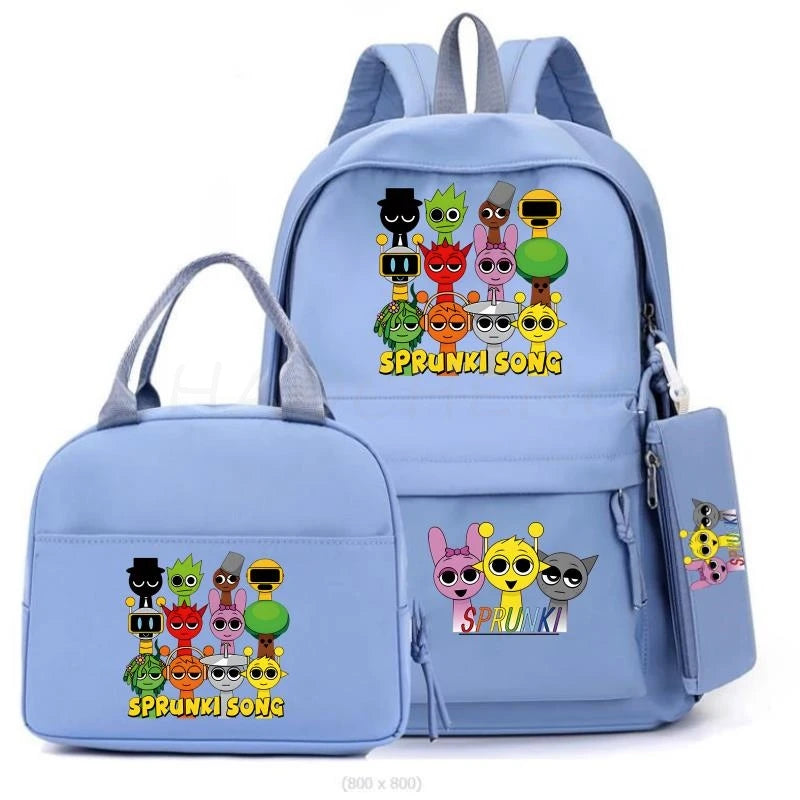 New Sprunki 3Pcs/set Student Boy Girl Schoolbag Colorful Backpack Children Teenager Cartoon School Bookbag with Lunch Bag Gift