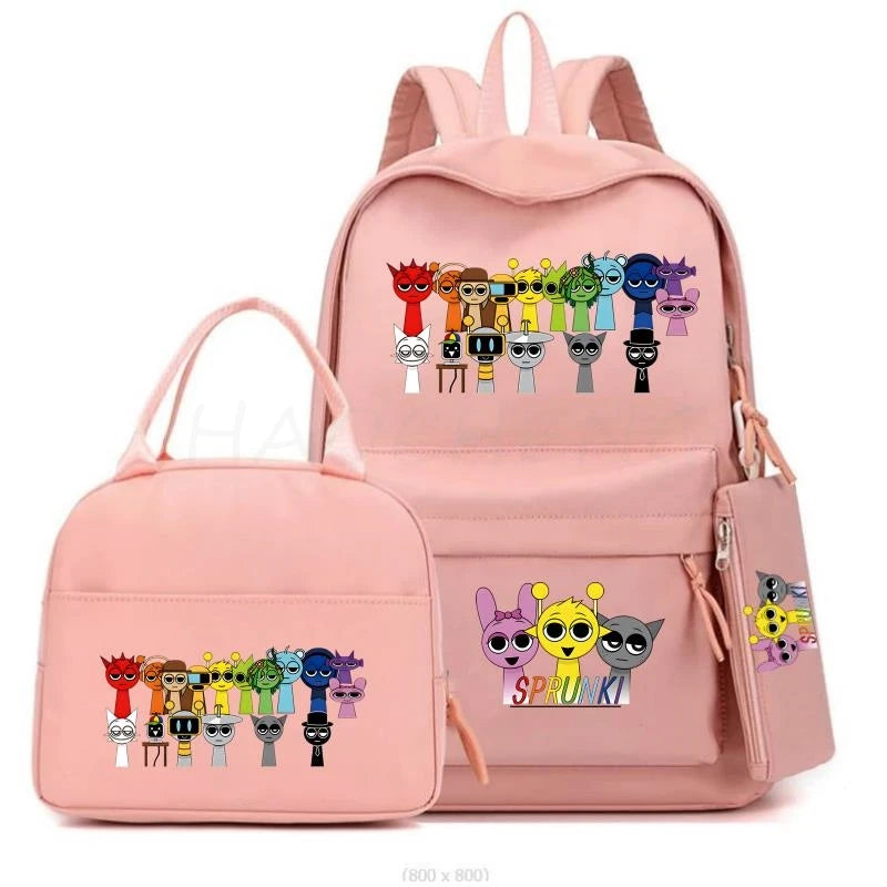 New Sprunki 3Pcs/set Student Boy Girl Schoolbag Colorful Backpack Children Teenager Cartoon School Bookbag with Lunch Bag Gift