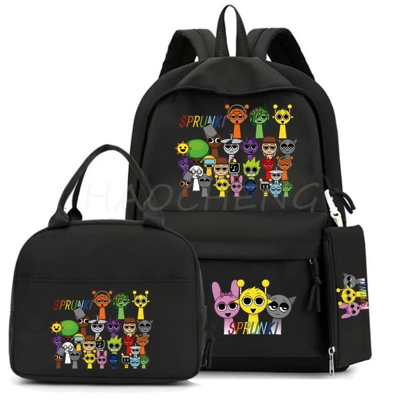 New Sprunki 3Pcs/set Student Boy Girl Schoolbag Colorful Backpack Children Teenager Cartoon School Bookbag with Lunch Bag Gift
