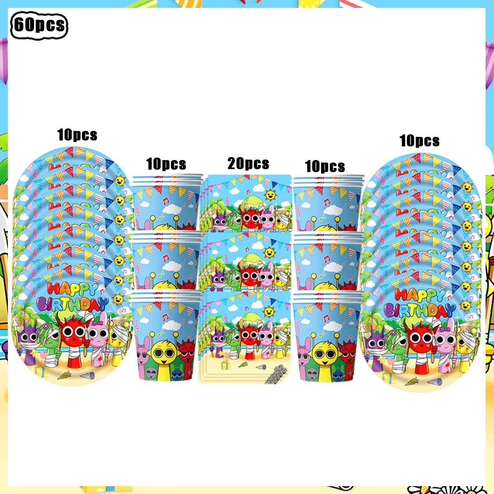 Sprunki Birthday Party Decorations Incredibox Set Game Tableware Tablecloth Plate Cup Balloon Cake Topper for Boys Girl Supplies