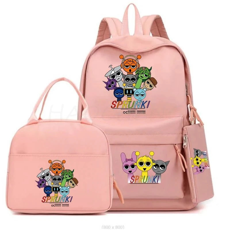 New Sprunki 3Pcs/set Student Boy Girl Schoolbag Colorful Backpack Children Teenager Cartoon School Bookbag with Lunch Bag Gift