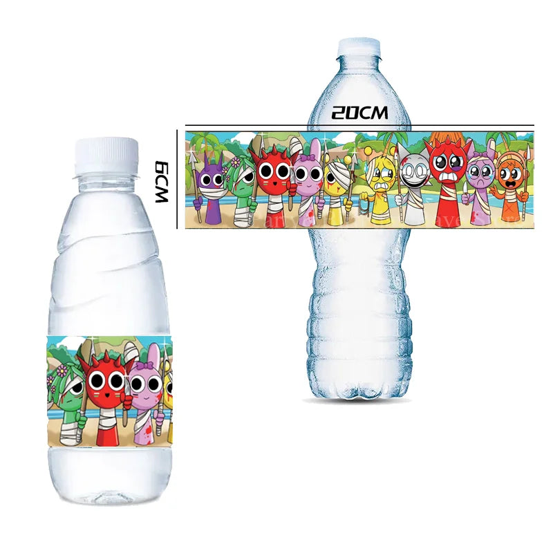 Cartoon Sprunki Water Bottle Stickers Label Incredibox Birthday Party Waterproof Bottle Wraps Baby Shower Kids Girls Party Favor