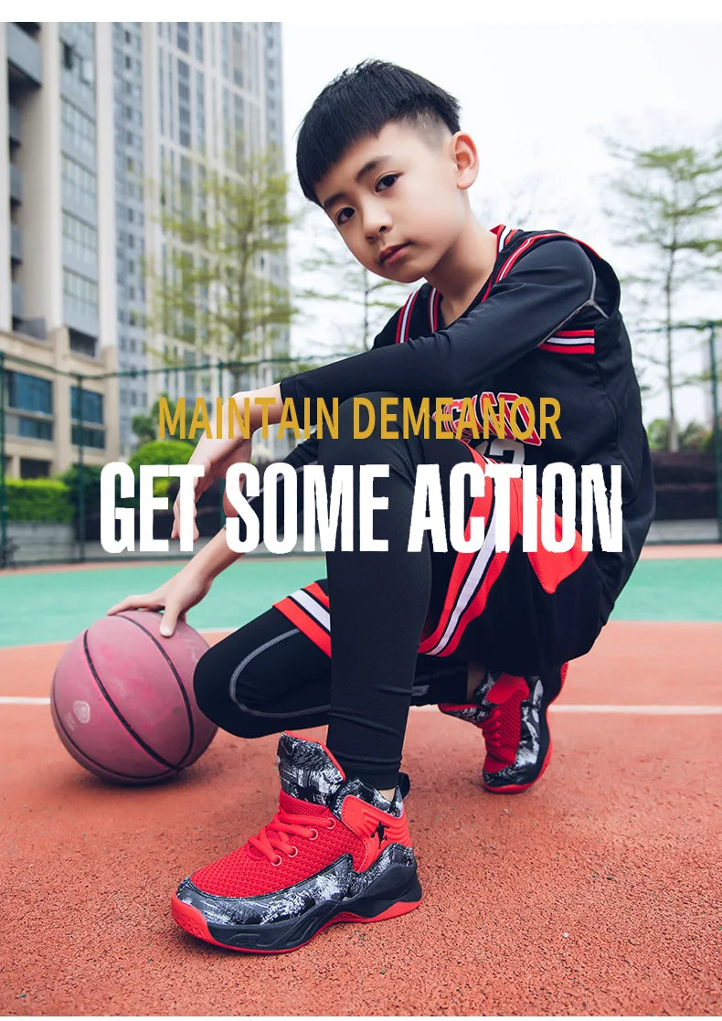 HKDQ High Top Basketball Shoes For Boys Size 31-40 Children's Sneakers Breathable Non Slip Thick Sole Classic Sports Shoes Kids