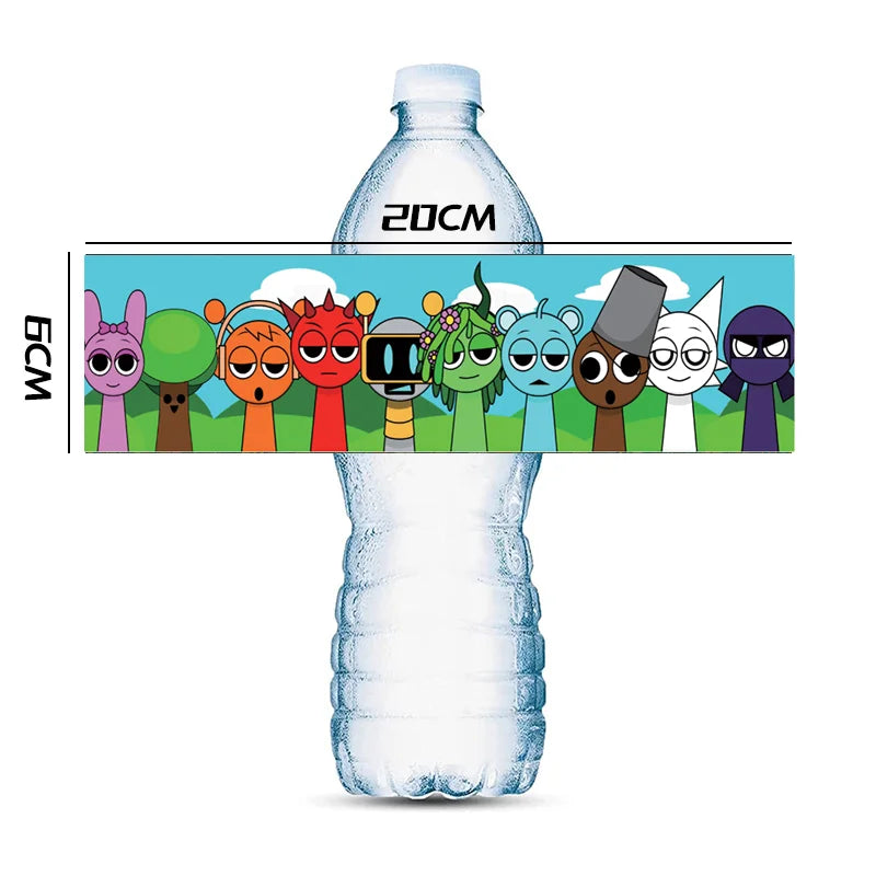 Cartoon Sprunki Water Bottle Stickers Label Incredibox Birthday Party Waterproof Bottle Wraps Baby Shower Kids Girls Party Favor