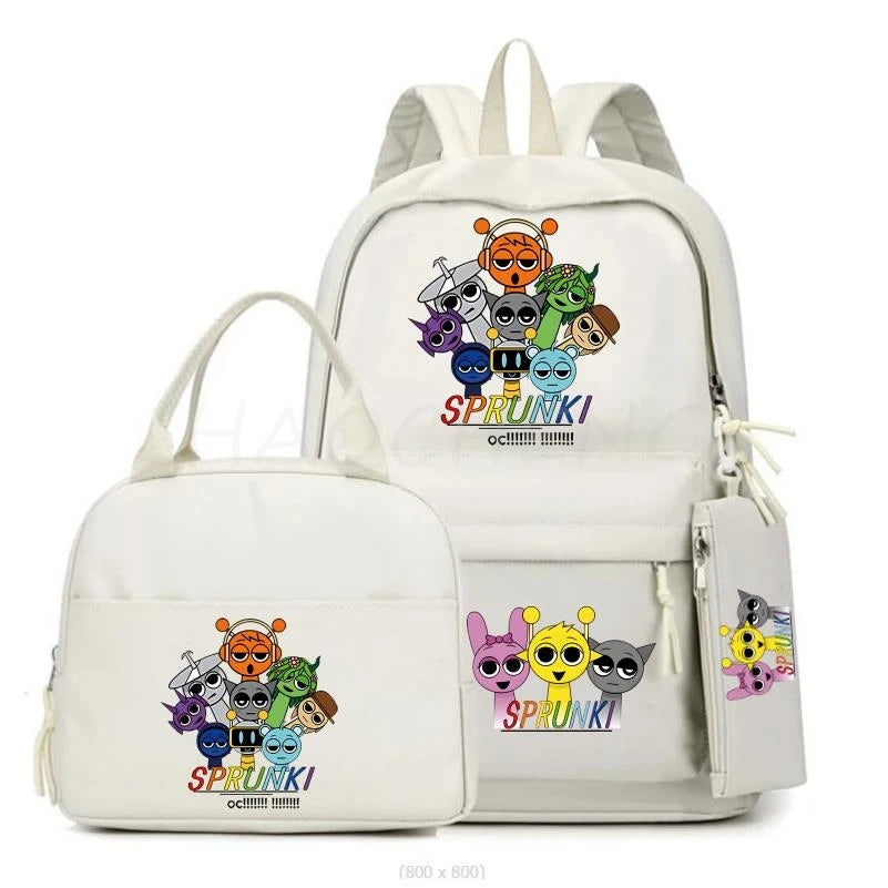 New Sprunki 3Pcs/set Student Boy Girl Schoolbag Colorful Backpack Children Teenager Cartoon School Bookbag with Lunch Bag Gift