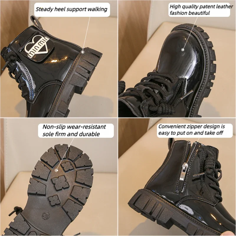 Kids Shoes Boots For Girl New School Thick Bottom Ankle Leather Boots Fashion Round-toe Children Black Short Boots Side Zipper