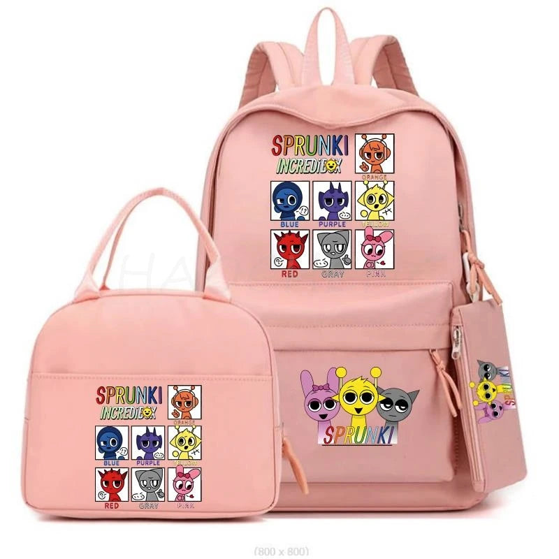 New Sprunki 3Pcs/set Student Boy Girl Schoolbag Colorful Backpack Children Teenager Cartoon School Bookbag with Lunch Bag Gift