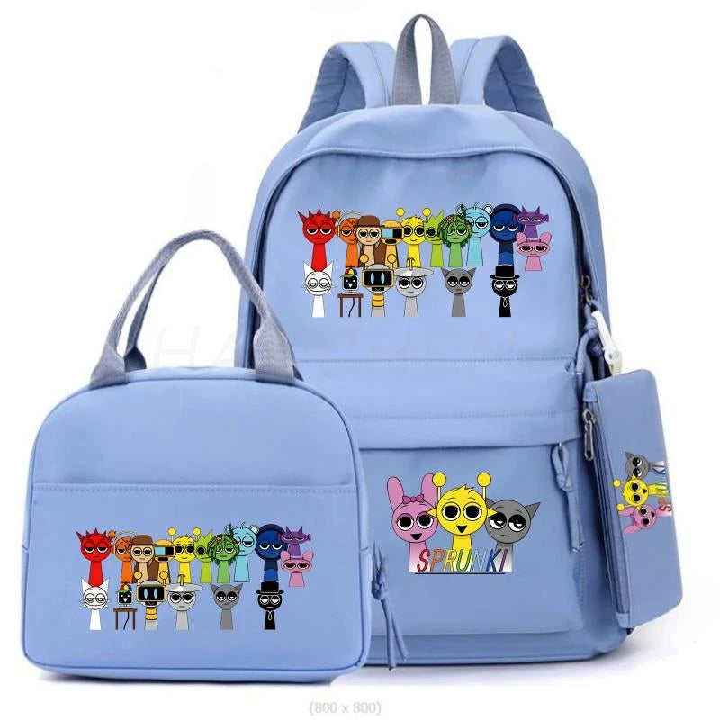 New Sprunki 3Pcs/set Student Boy Girl Schoolbag Colorful Backpack Children Teenager Cartoon School Bookbag with Lunch Bag Gift
