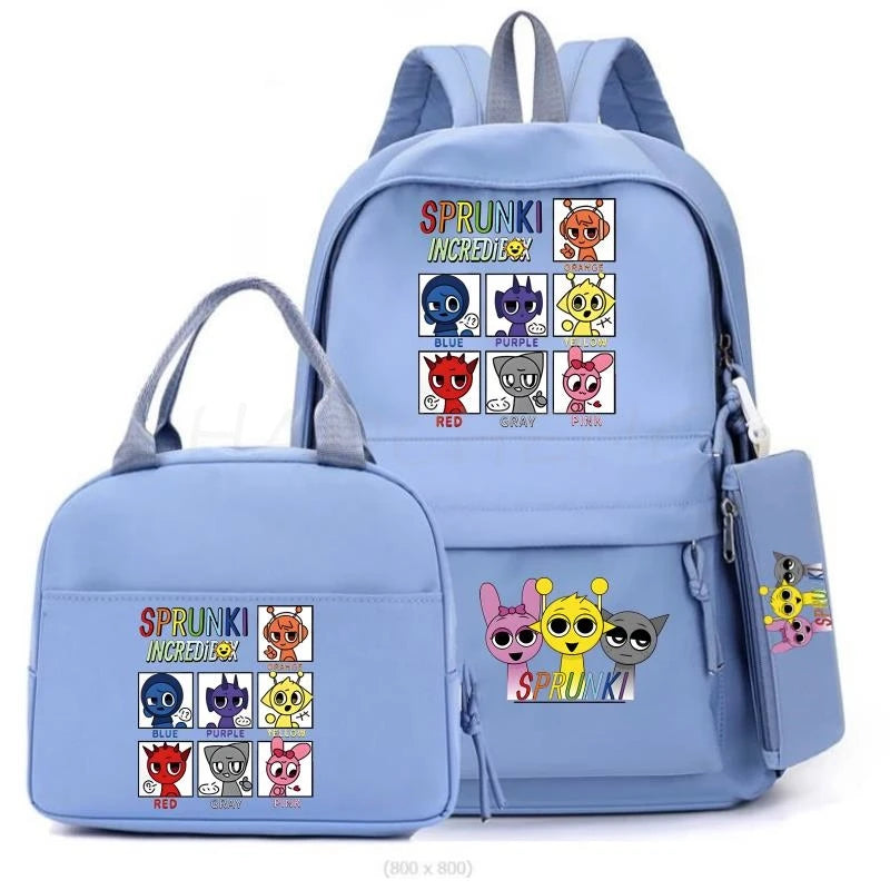 New Sprunki 3Pcs/set Student Boy Girl Schoolbag Colorful Backpack Children Teenager Cartoon School Bookbag with Lunch Bag Gift