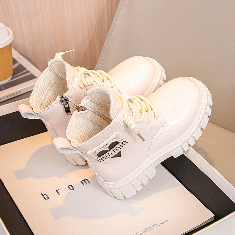 Kids Shoes Boots For Girl New School Thick Bottom Ankle Leather Boots Fashion Round-toe Children Black Short Boots Side Zipper