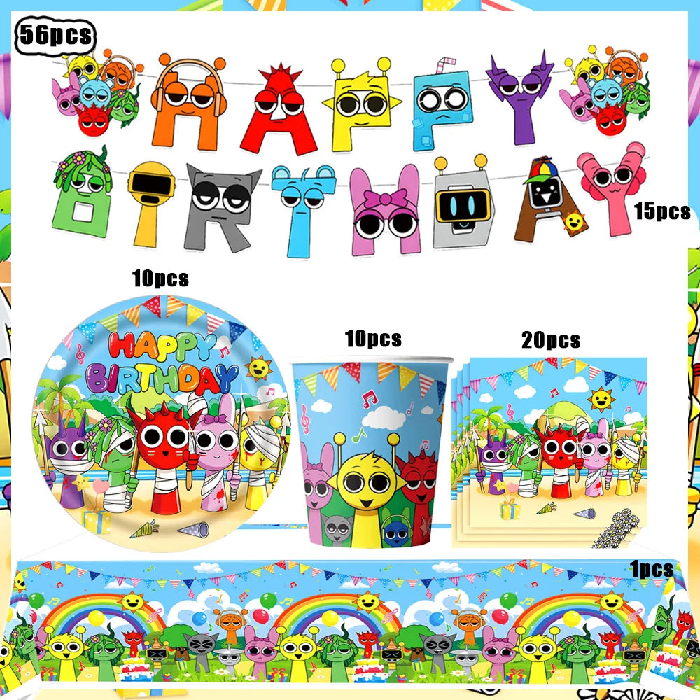 Sprunki Birthday Party Decorations Incredibox Set Game Tableware Tablecloth Plate Cup Balloon Cake Topper for Boys Girl Supplies