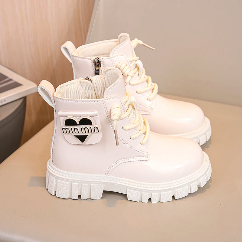 Kids Shoes Boots For Girl New School Thick Bottom Ankle Leather Boots Fashion Round-toe Children Black Short Boots Side Zipper