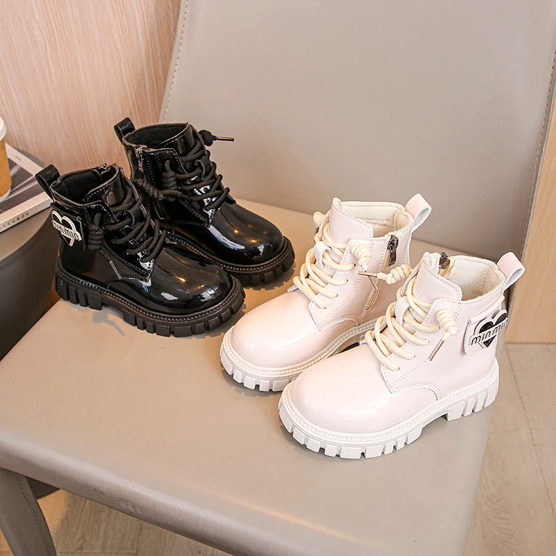 Kids Shoes Boots For Girl New School Thick Bottom Ankle Leather Boots Fashion Round-toe Children Black Short Boots Side Zipper