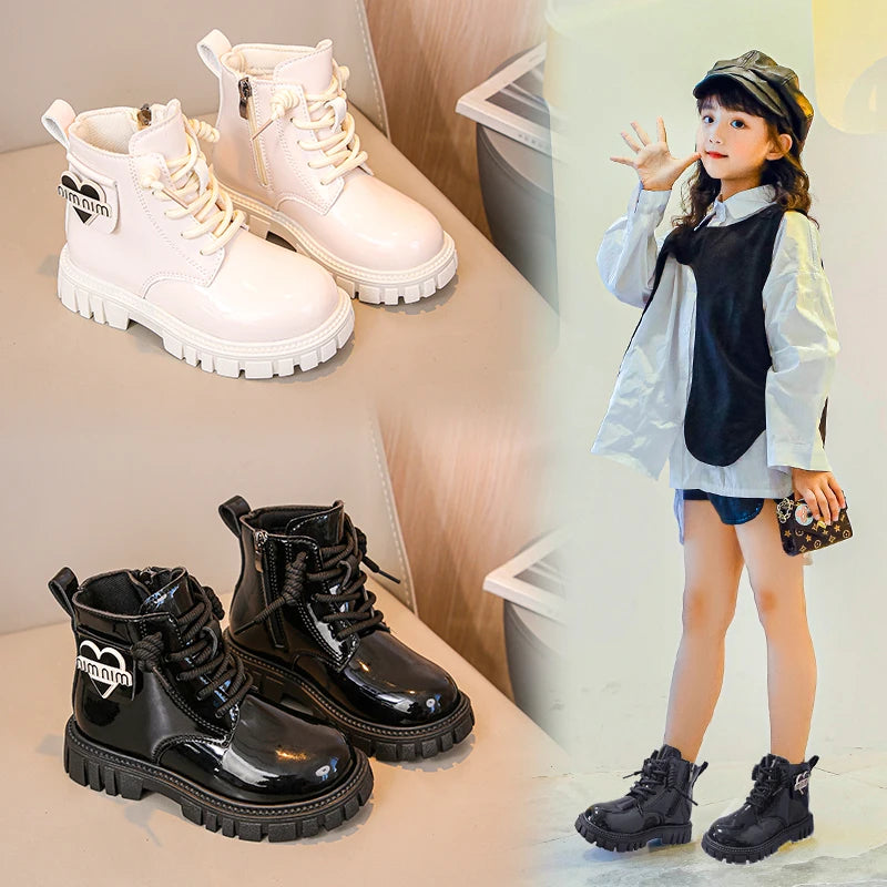 Kids Shoes Boots For Girl New School Thick Bottom Ankle Leather Boots Fashion Round-toe Children Black Short Boots Side Zipper