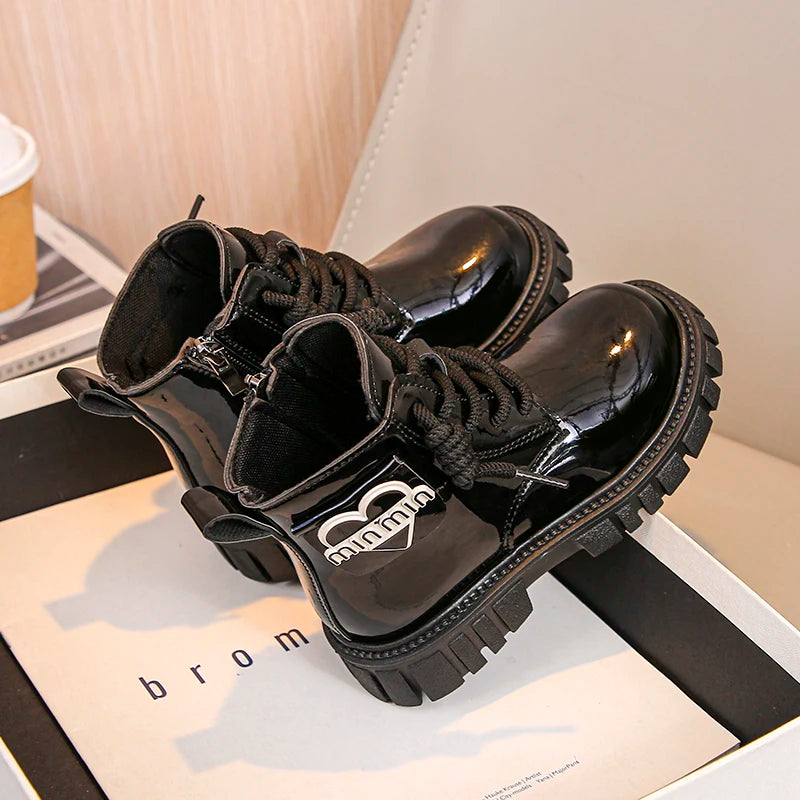 Kids Shoes Boots For Girl New School Thick Bottom Ankle Leather Boots Fashion Round-toe Children Black Short Boots Side Zipper