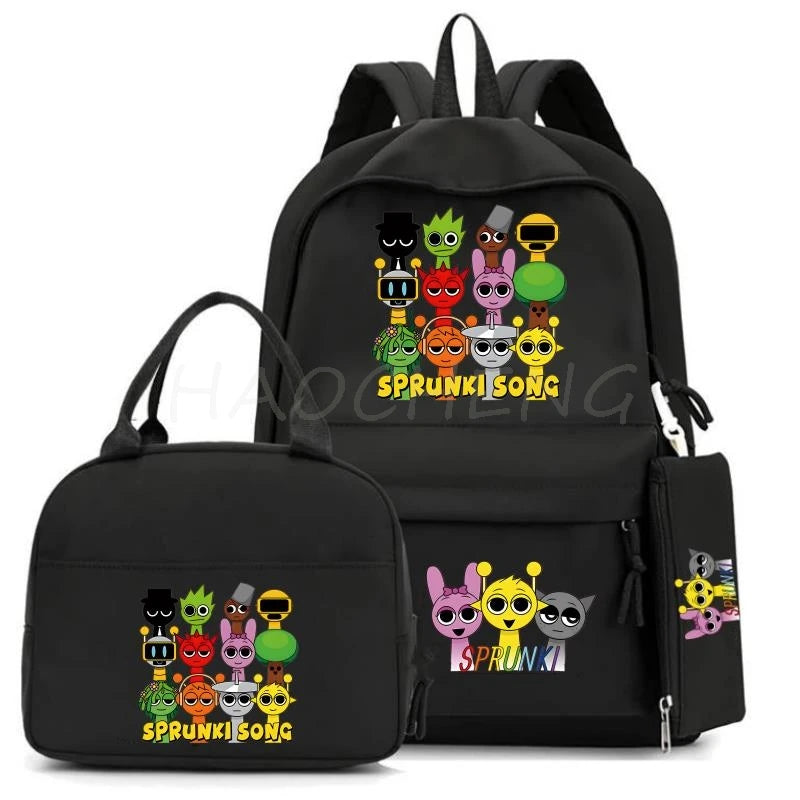 New Sprunki 3Pcs/set Student Boy Girl Schoolbag Colorful Backpack Children Teenager Cartoon School Bookbag with Lunch Bag Gift