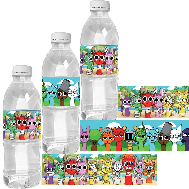 Cartoon Sprunki Water Bottle Stickers Label Incredibox Birthday Party Waterproof Bottle Wraps Baby Shower Kids Girls Party Favor