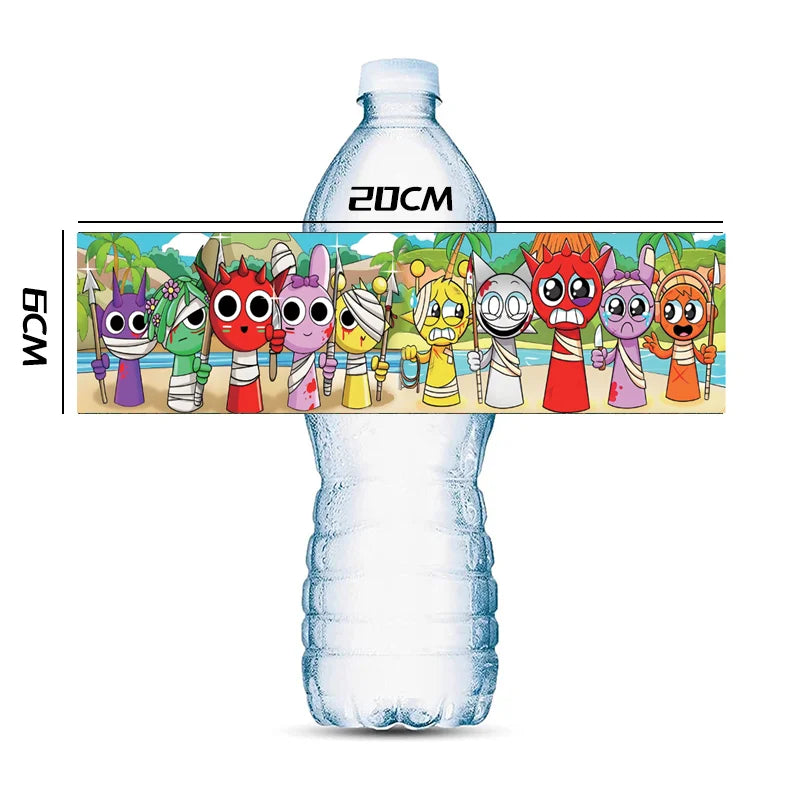 Cartoon Sprunki Water Bottle Stickers Label Incredibox Birthday Party Waterproof Bottle Wraps Baby Shower Kids Girls Party Favor