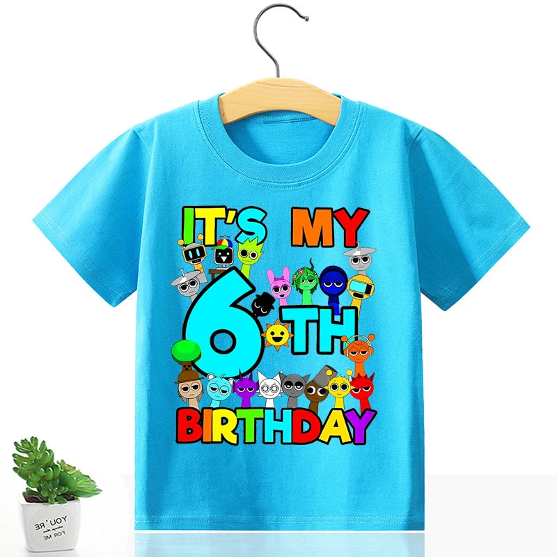 Sprunki Birthday Number T-Shirt Girl Boy Summer Short Sleeve Fashion Casual Kids Baby Tops Cute Tee Cartoon Toddler Clothes Gift