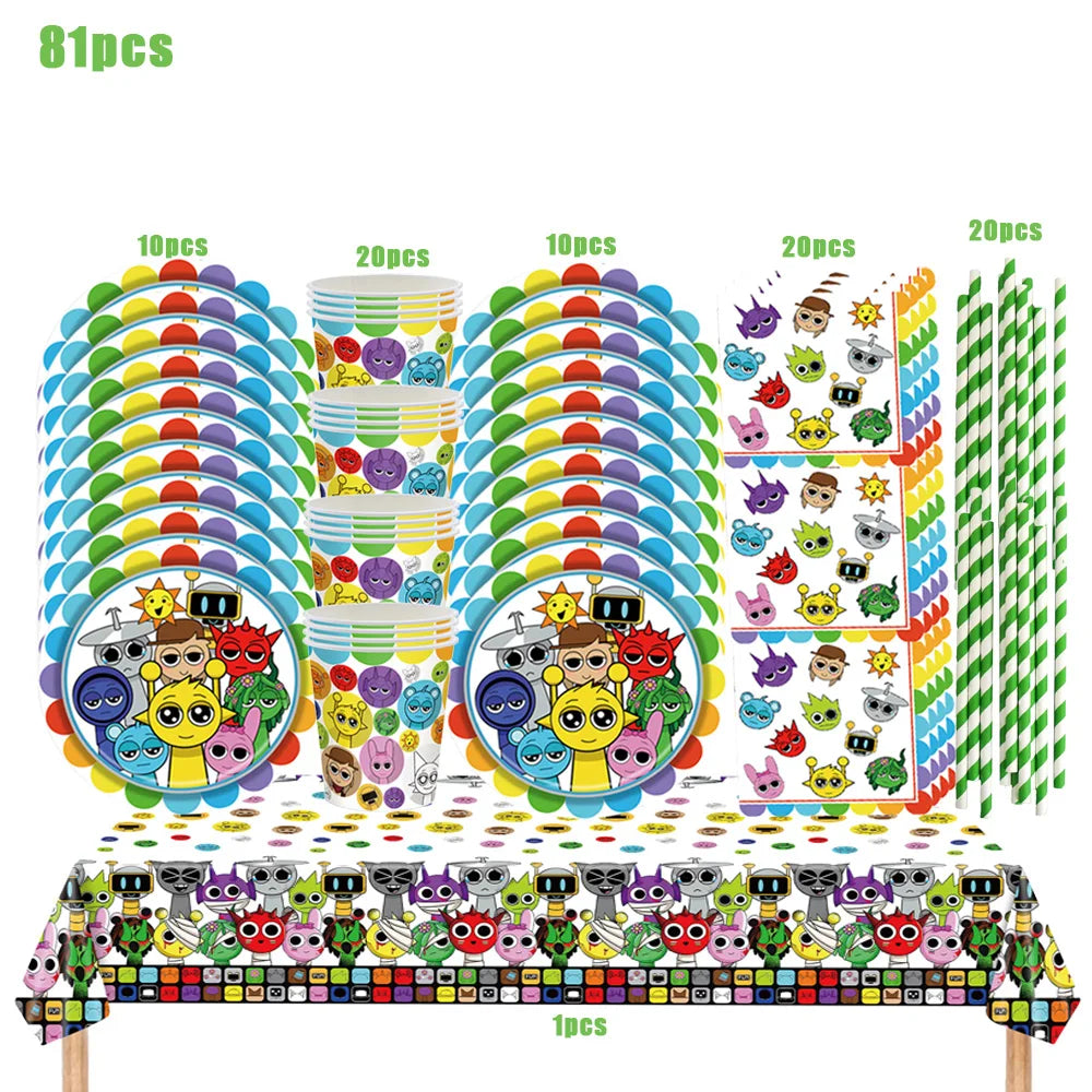 Sprunki Birthday Party Decorations Incredibox Set Game Tableware Tablecloth Plate Cup Balloon Cake Topper for Boys Girl Supplies