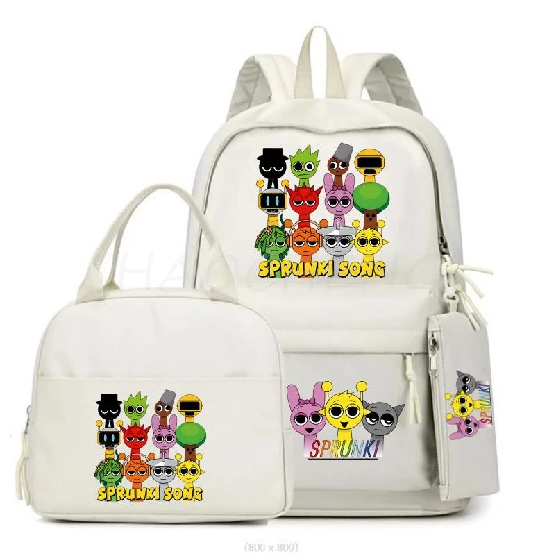 New Sprunki 3Pcs/set Student Boy Girl Schoolbag Colorful Backpack Children Teenager Cartoon School Bookbag with Lunch Bag Gift