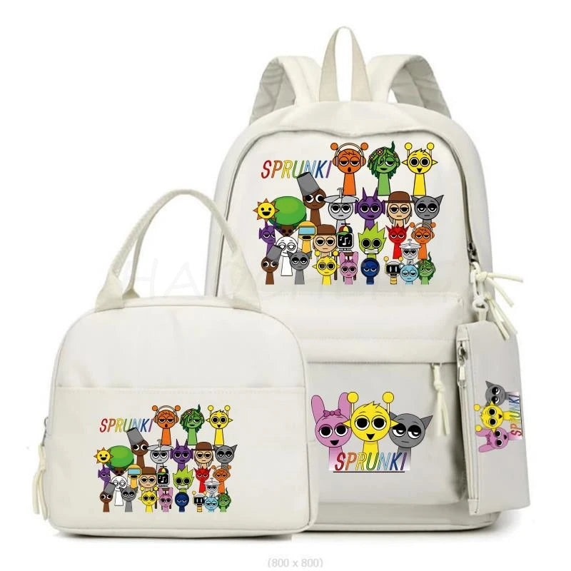 New Sprunki 3Pcs/set Student Boy Girl Schoolbag Colorful Backpack Children Teenager Cartoon School Bookbag with Lunch Bag Gift