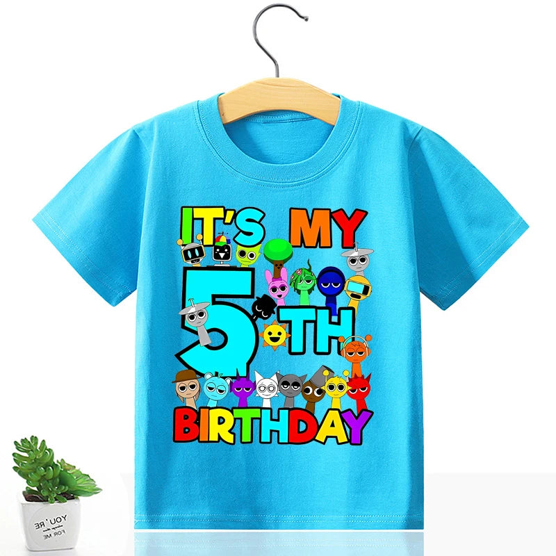 Sprunki Birthday Number T-Shirt Girl Boy Summer Short Sleeve Fashion Casual Kids Baby Tops Cute Tee Cartoon Toddler Clothes Gift