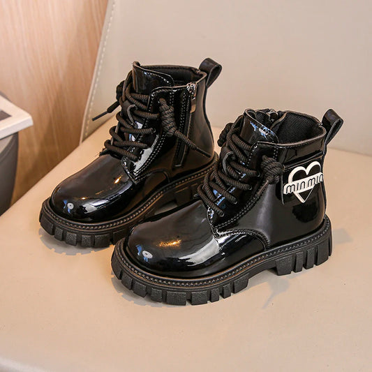 Kids Shoes Boots For Girl New School Thick Bottom Ankle Leather Boots Fashion Round-toe Children Black Short Boots Side Zipper