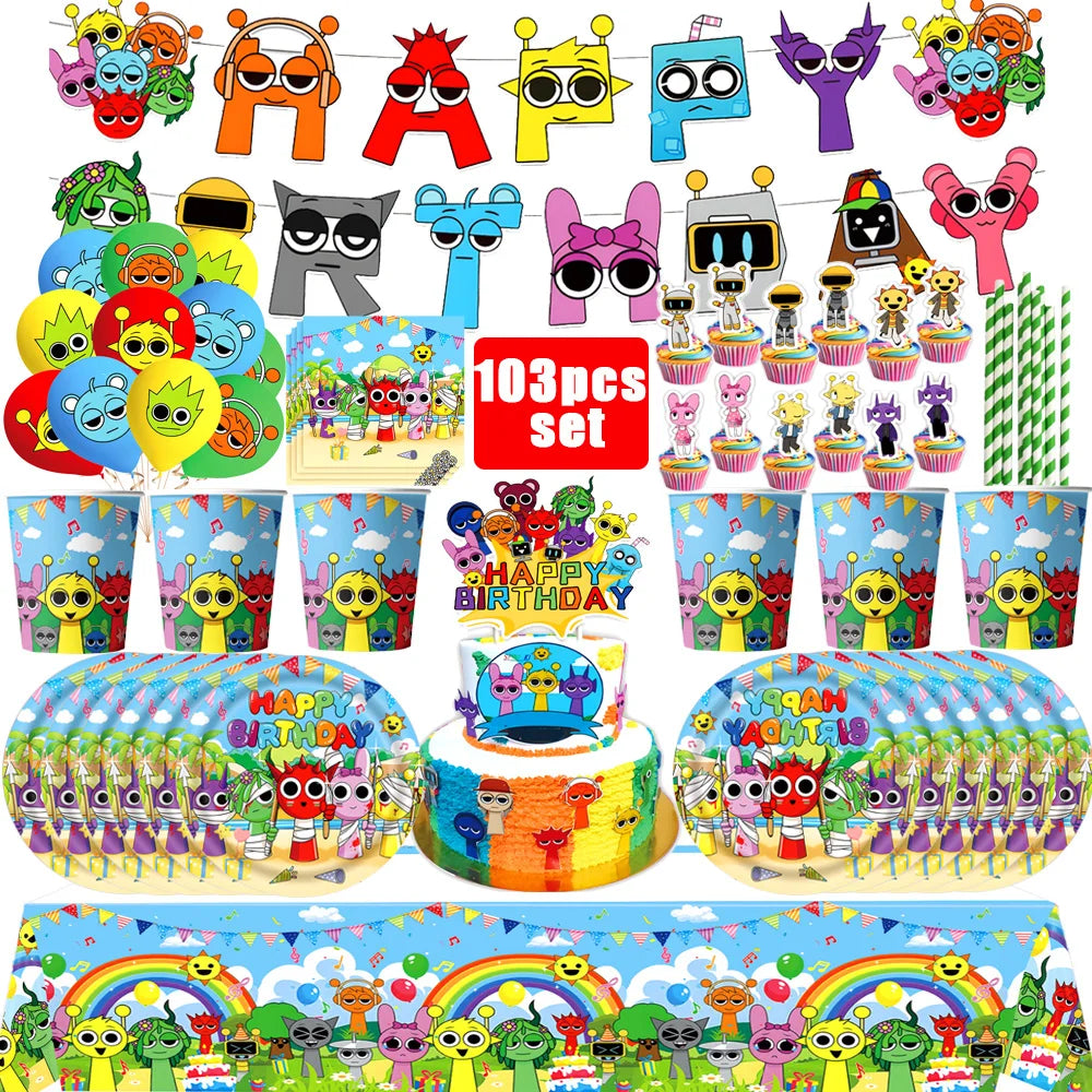 Sprunki Birthday Party Decorations Incredibox Set Game Tableware Tablecloth Plate Cup Balloon Cake Topper for Boys Girl Supplies