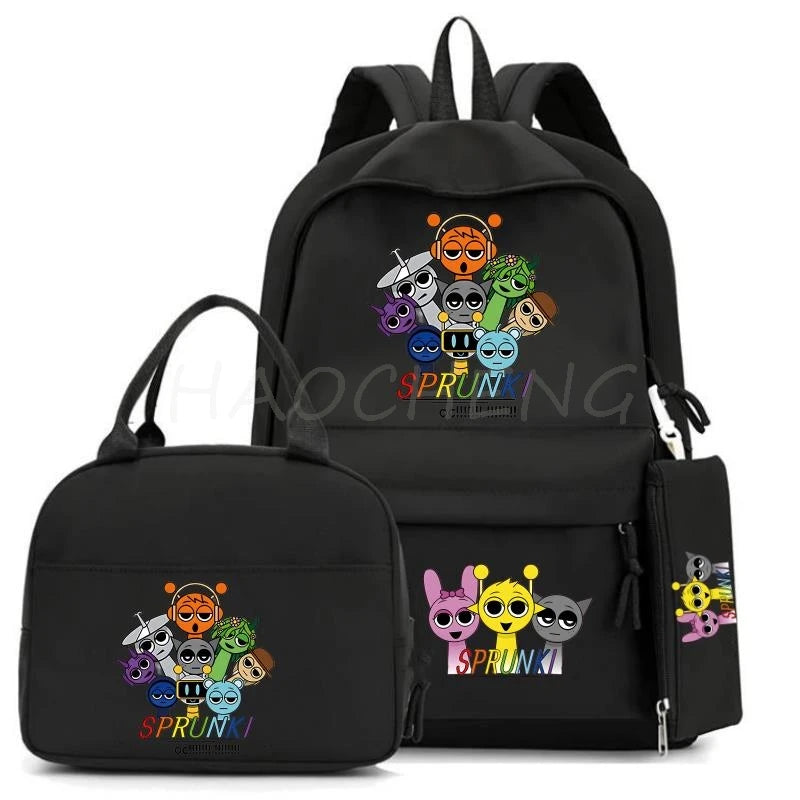 New Sprunki 3Pcs/set Student Boy Girl Schoolbag Colorful Backpack Children Teenager Cartoon School Bookbag with Lunch Bag Gift