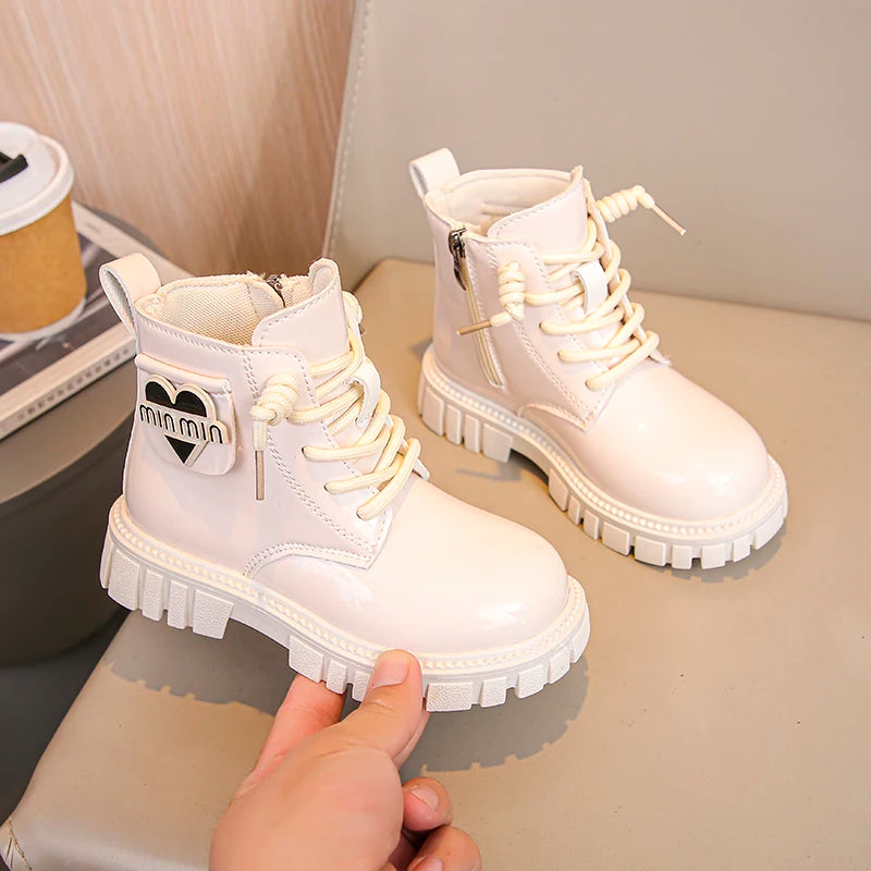 Kids Shoes Boots For Girl New School Thick Bottom Ankle Leather Boots Fashion Round-toe Children Black Short Boots Side Zipper