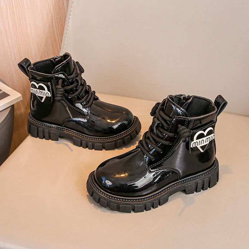 Kids Shoes Boots For Girl New School Thick Bottom Ankle Leather Boots Fashion Round-toe Children Black Short Boots Side Zipper