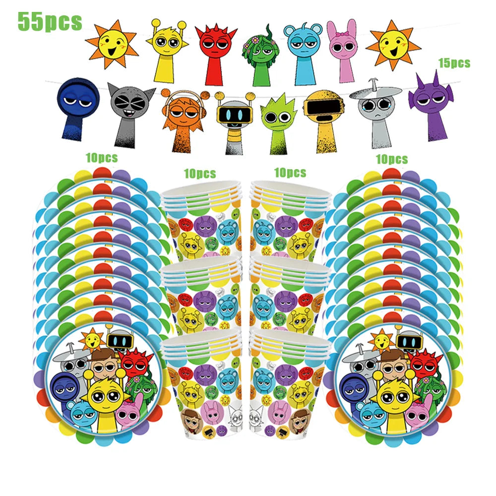 Sprunki Birthday Party Decorations Incredibox Set Game Tableware Tablecloth Plate Cup Balloon Cake Topper for Boys Girl Supplies