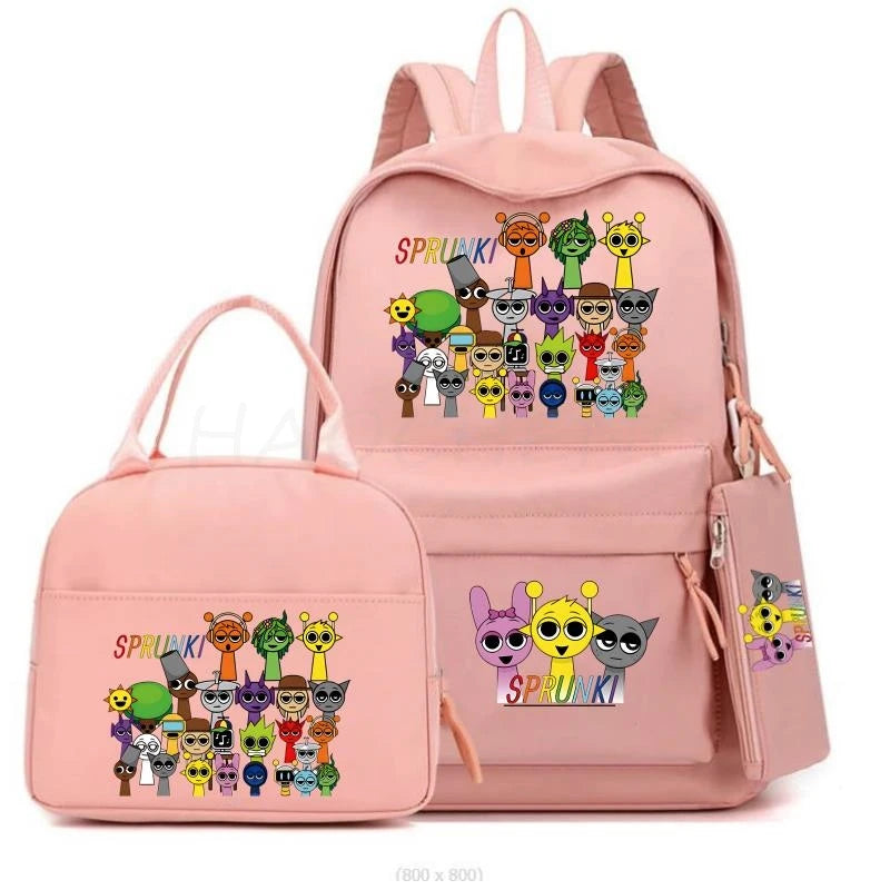New Sprunki 3Pcs/set Student Boy Girl Schoolbag Colorful Backpack Children Teenager Cartoon School Bookbag with Lunch Bag Gift