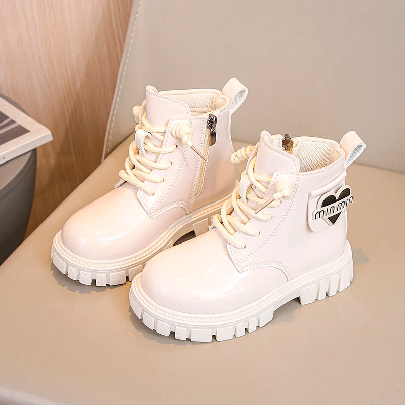 Kids Shoes Boots For Girl New School Thick Bottom Ankle Leather Boots Fashion Round-toe Children Black Short Boots Side Zipper