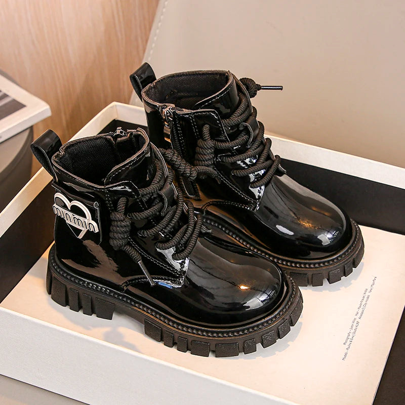 Kids Shoes Boots For Girl New School Thick Bottom Ankle Leather Boots Fashion Round-toe Children Black Short Boots Side Zipper