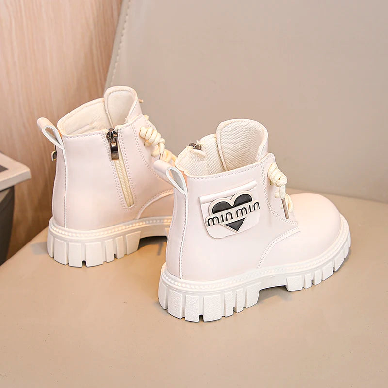 Kids Shoes Boots For Girl New School Thick Bottom Ankle Leather Boots Fashion Round-toe Children Black Short Boots Side Zipper