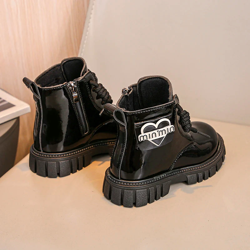 Kids Shoes Boots For Girl New School Thick Bottom Ankle Leather Boots Fashion Round-toe Children Black Short Boots Side Zipper