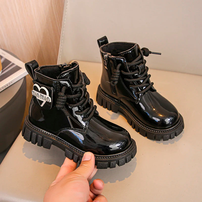 Kids Shoes Boots For Girl New School Thick Bottom Ankle Leather Boots Fashion Round-toe Children Black Short Boots Side Zipper