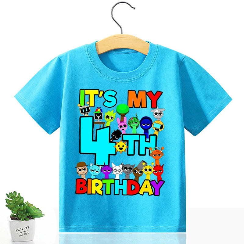 Sprunki Birthday Number T-Shirt Girl Boy Summer Short Sleeve Fashion Casual Kids Baby Tops Cute Tee Cartoon Toddler Clothes Gift
