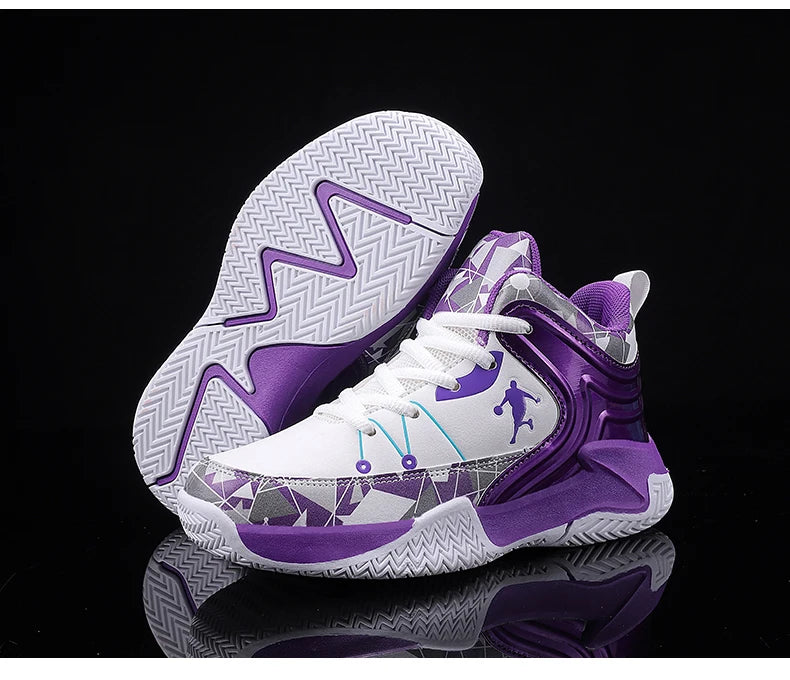 Hot Sale Basketball Shoes For Children Fashion Design Purple Children's Basketball Sneakers High Top Lace-up Kids Sports Shoes