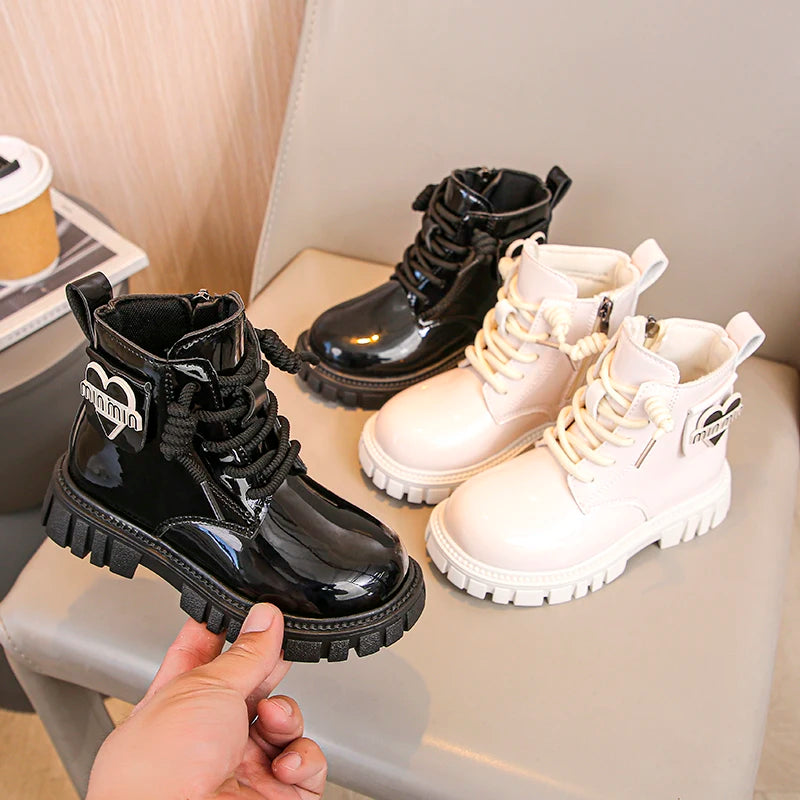 Kids Shoes Boots For Girl New School Thick Bottom Ankle Leather Boots Fashion Round-toe Children Black Short Boots Side Zipper