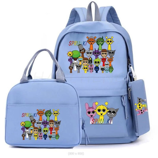 New Sprunki 3Pcs/set Student Boy Girl Schoolbag Colorful Backpack Children Teenager Cartoon School Bookbag with Lunch Bag Gift