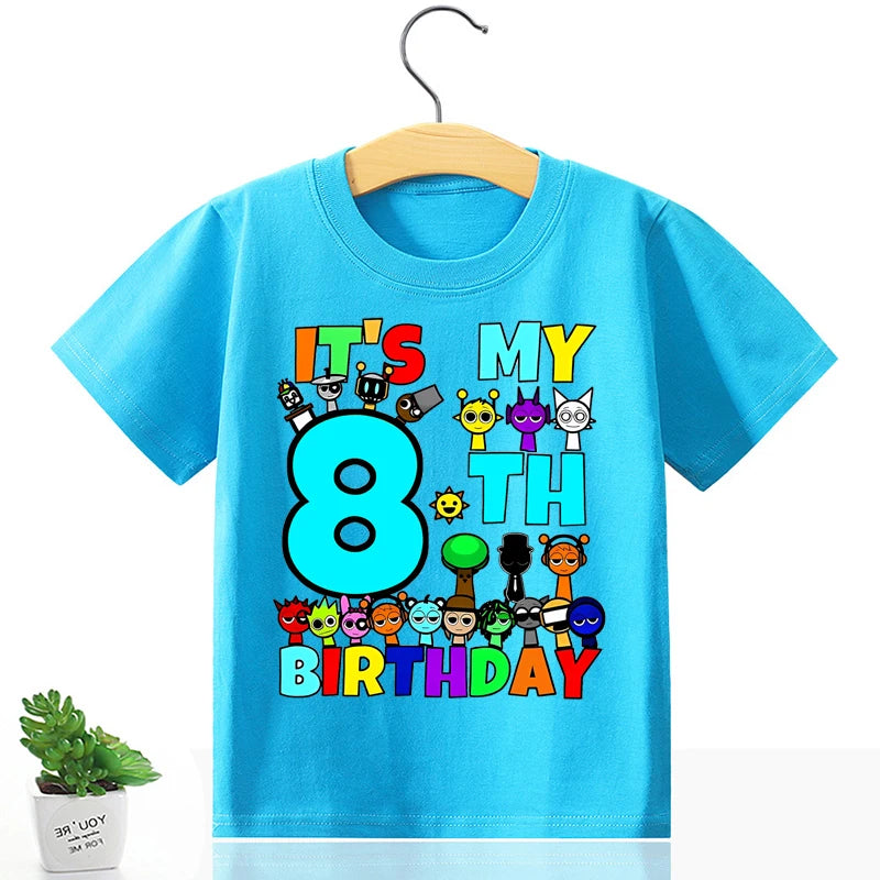 Sprunki Birthday Number T-Shirt Girl Boy Summer Short Sleeve Fashion Casual Kids Baby Tops Cute Tee Cartoon Toddler Clothes Gift
