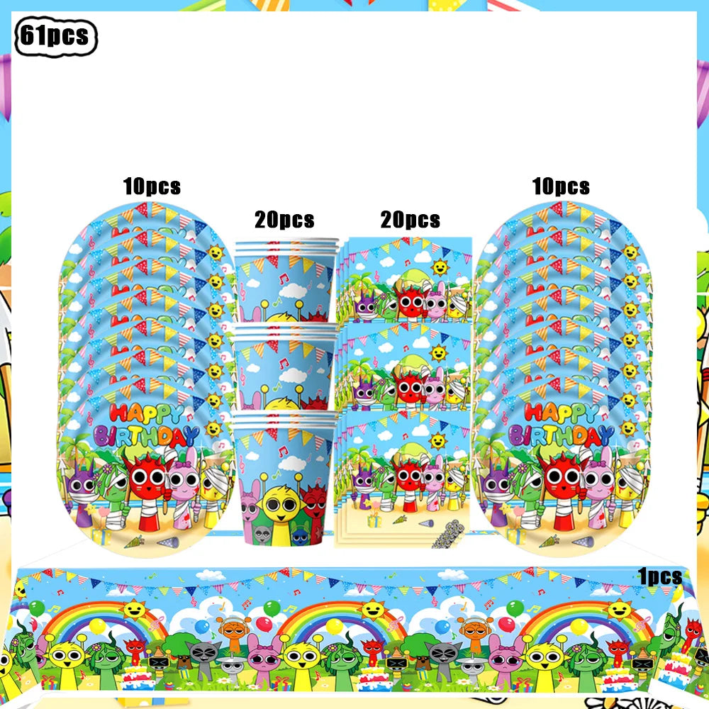 Sprunki Birthday Party Decorations Incredibox Set Game Tableware Tablecloth Plate Cup Balloon Cake Topper for Boys Girl Supplies