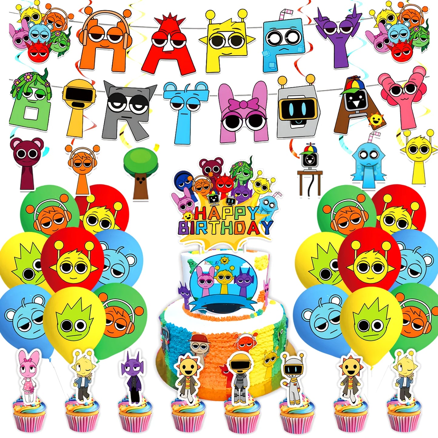 Sprunki Birthday Party Decorations Incredibox Set Game Tableware Tablecloth Plate Cup Balloon Cake Topper for Boys Girl Supplies