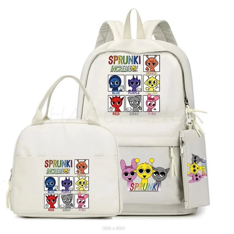 New Sprunki 3Pcs/set Student Boy Girl Schoolbag Colorful Backpack Children Teenager Cartoon School Bookbag with Lunch Bag Gift