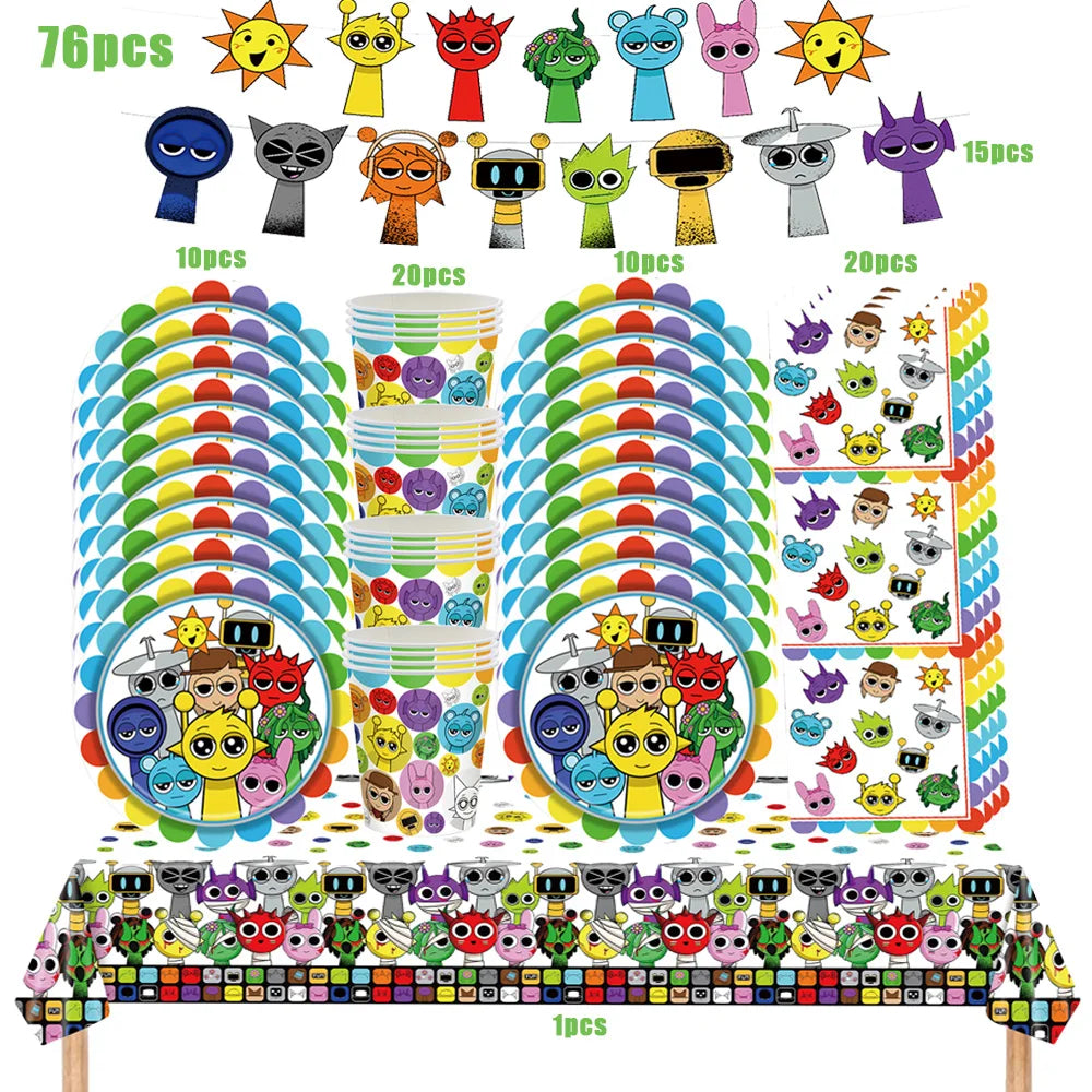 Sprunki Birthday Party Decorations Incredibox Set Game Tableware Tablecloth Plate Cup Balloon Cake Topper for Boys Girl Supplies