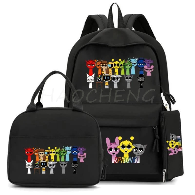 New Sprunki 3Pcs/set Student Boy Girl Schoolbag Colorful Backpack Children Teenager Cartoon School Bookbag with Lunch Bag Gift